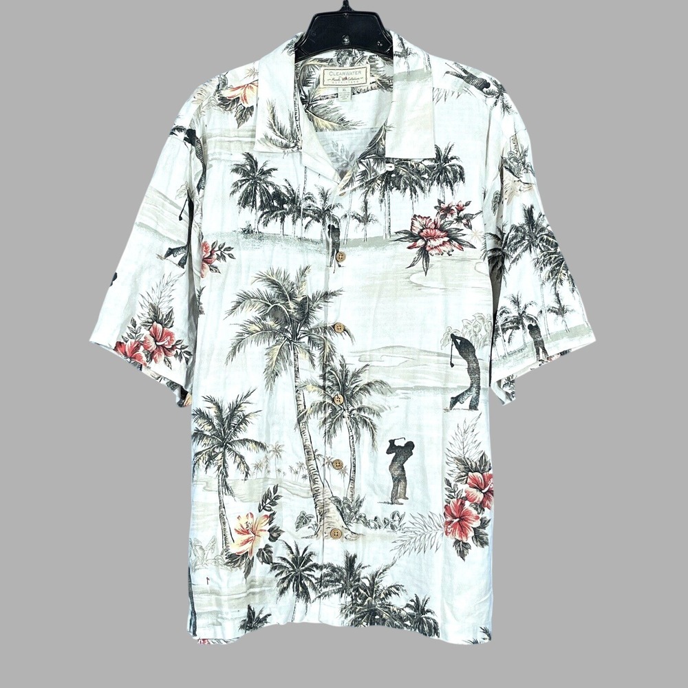 CLEARWATER Golf Resort WHITE Palm Trees HAWAIIAN BEACH Button-Up CAMP SHIRT XL